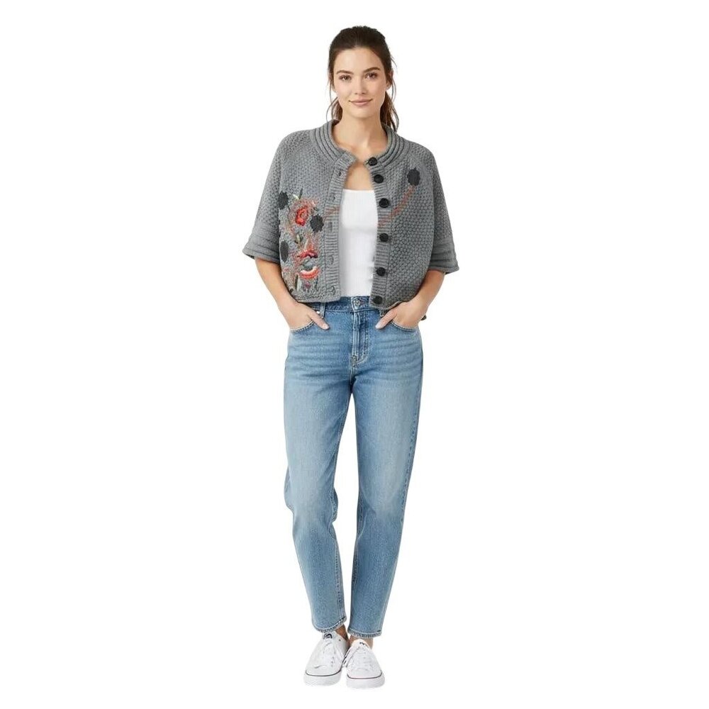 Nick & Mo Anthropologie Floral Embroidered Knit Cropped Cardigan‎ Women's Medium